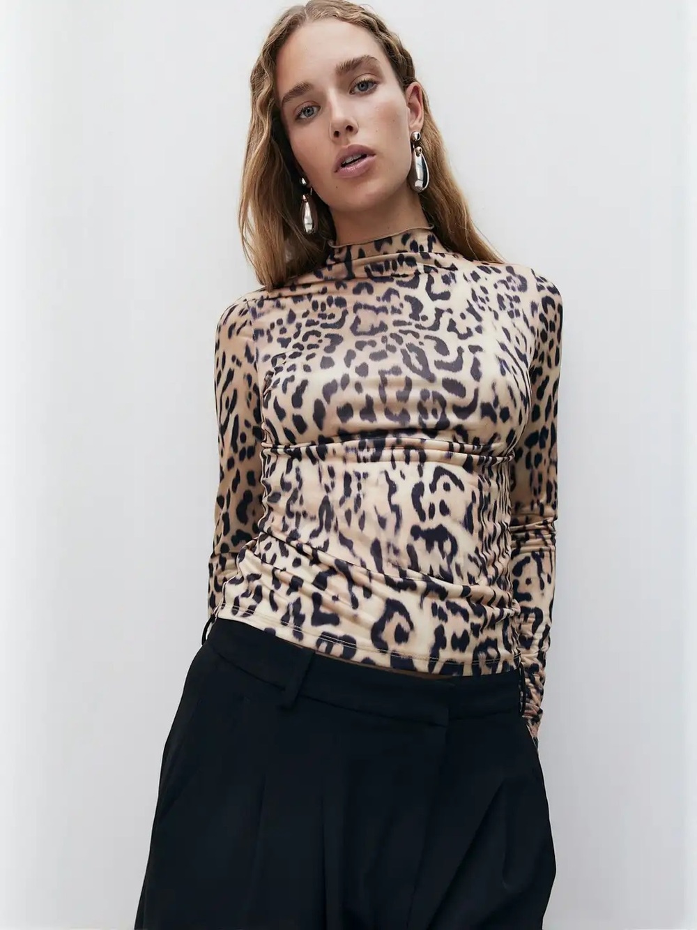 H&M Leopard Print Long Sleeve Mock Neck Top - Beige & Black